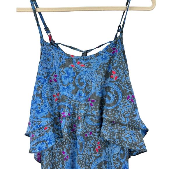 Perry Walker Silk Blend Maxi Slip Dress Blue Floral Ruffle Boho Size 3 Medium - Picture 4 of 9